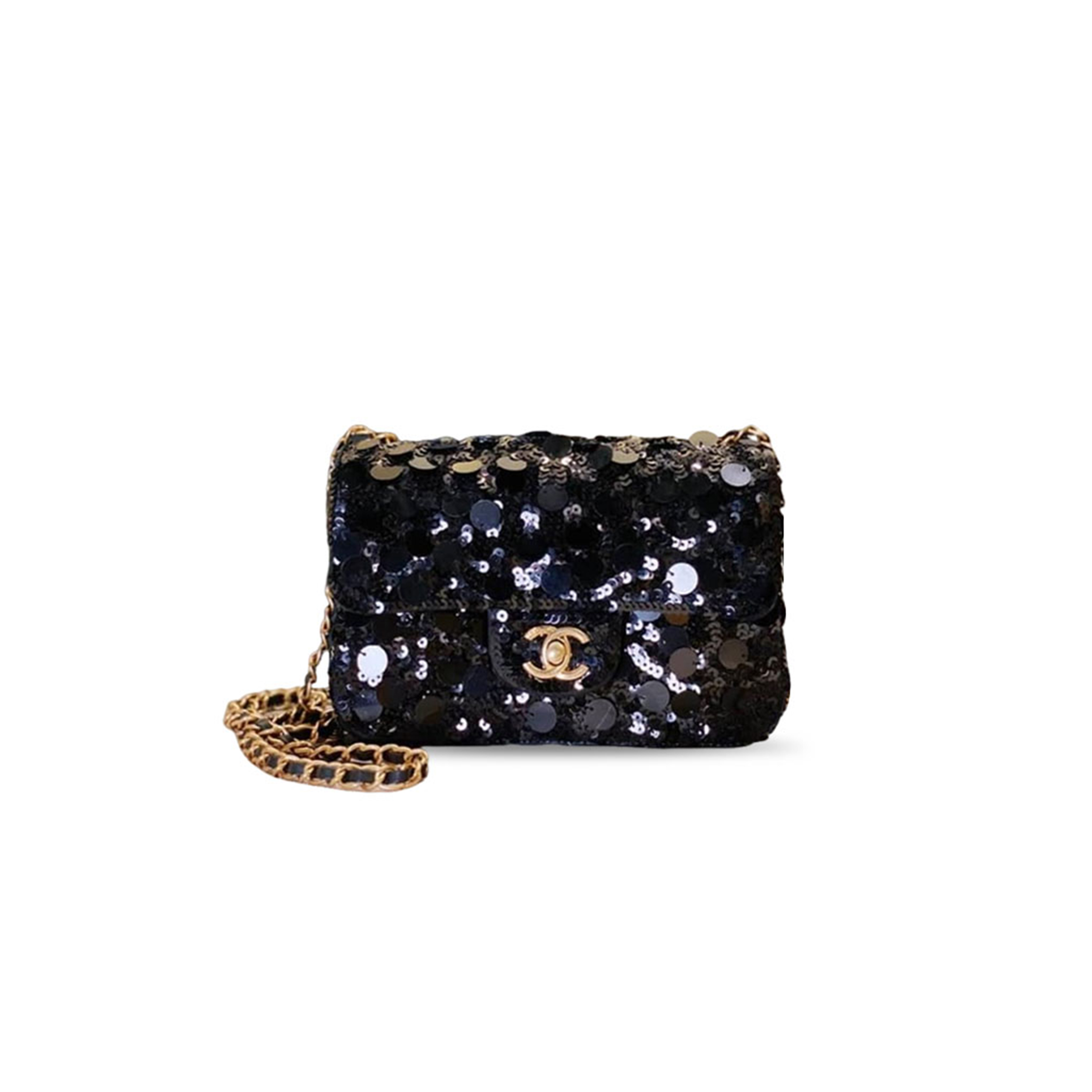 CHANEL FLAP BAG SEQUINS & GOLD-TONE METAL GOLDEN (21*14*8cm) 